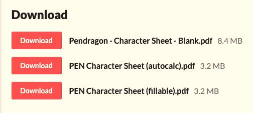 Pendragon Character Sheets Pack